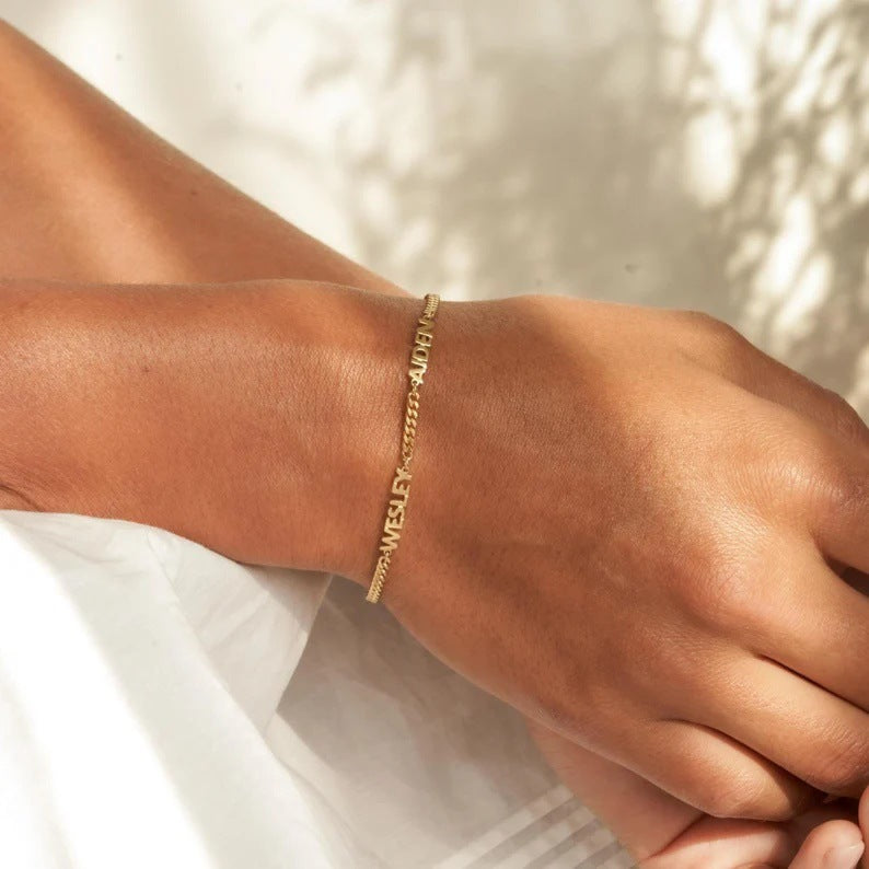 Close-up of a personalized name bracelet